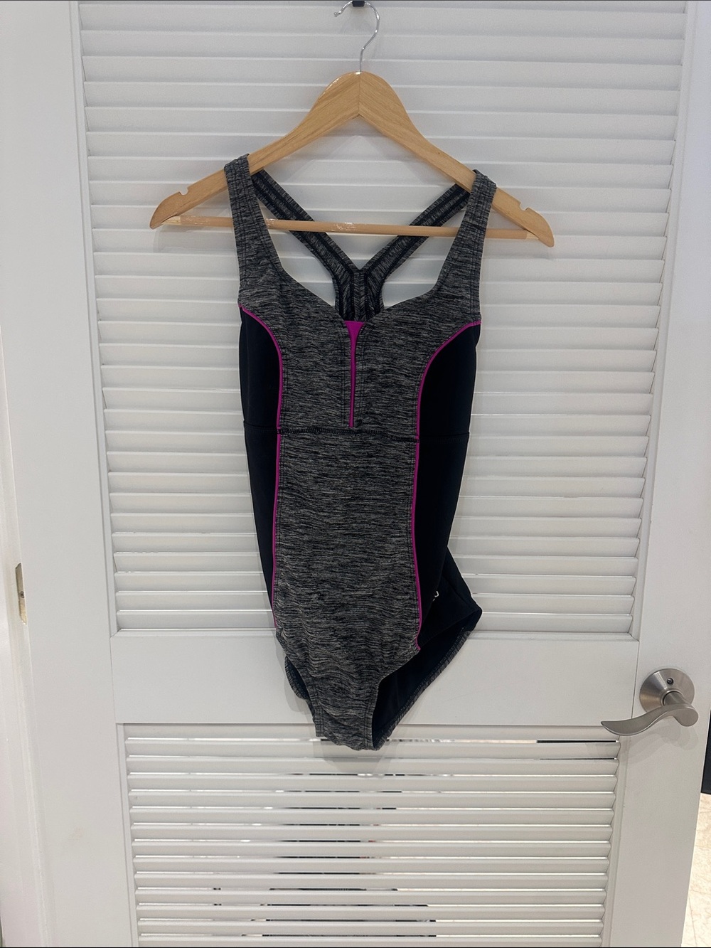 Speedo Gray and Black One-Piece Swimsuit with Pink Trim, size 6